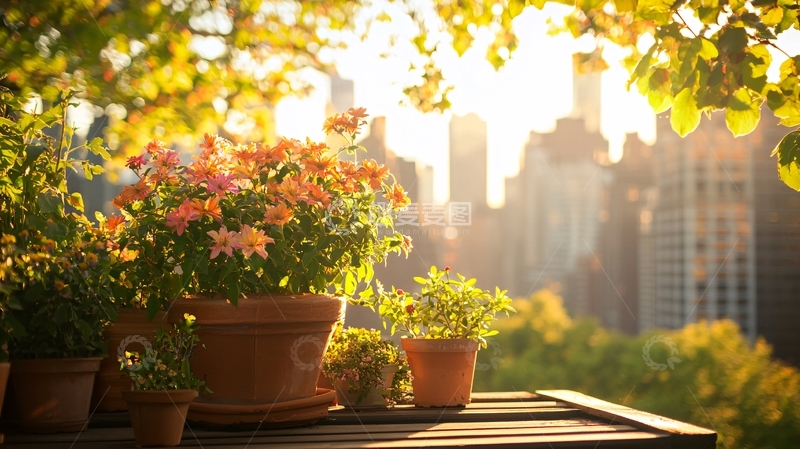高清大图下载【趣麦麦图】露台上盆栽花卉与城市风景
