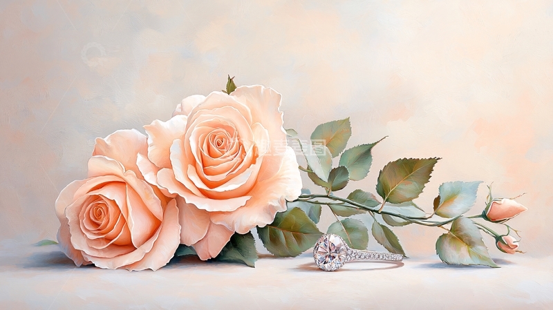 高清大图下载【趣麦麦图】粉色玫瑰与钻戒的浪漫场景