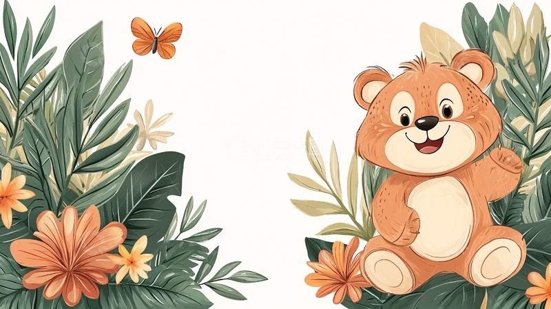 高清大图下载【趣麦麦图】卡通熊花丛蝴蝶背景