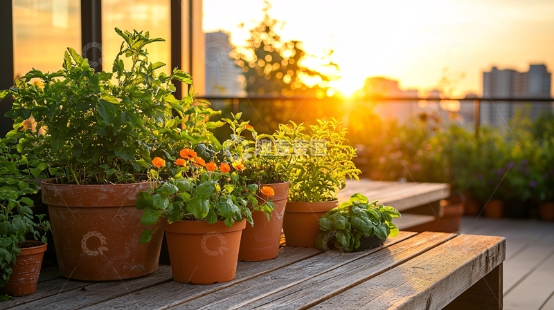 高清大图下载【趣麦麦图】屋顶花园植物在阳光下