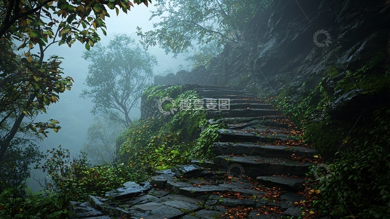 高清大图下载【趣麦麦图】雾气蒙蒙的山间石阶