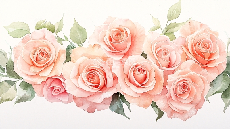 高清大图下载【趣麦麦图】粉色玫瑰与绿叶的淡雅水彩画