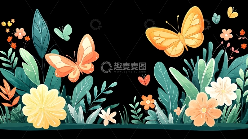 高清大图下载【趣麦麦图】蝴蝶鲜花绿叶黑色背景