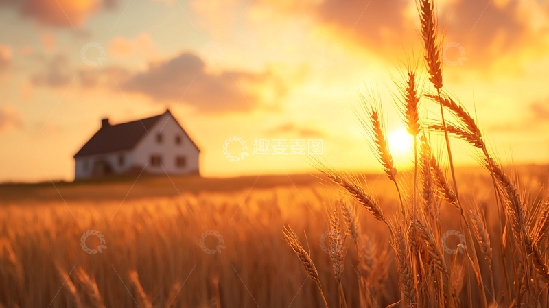 高清大图下载【趣麦麦图】金色麦田的夕阳小屋