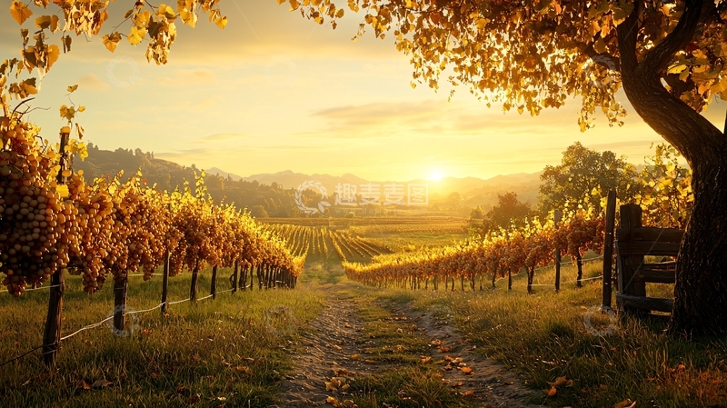 高清大图下载【趣麦麦图】阳光洒在金黄葡萄园上