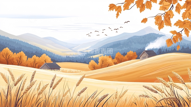 高清大图下载【趣麦麦图】秋日金色田野小屋远山