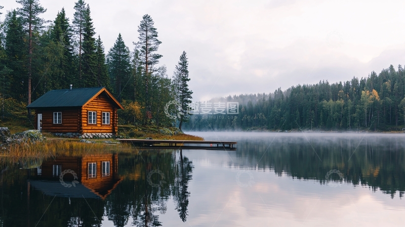 高清大图下载【趣麦麦图】湖边小木屋的宁静