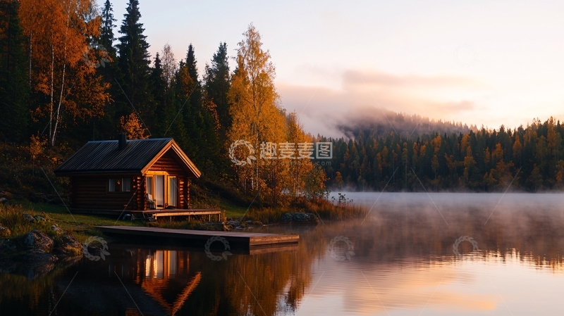 高清大图下载【趣麦麦图】湖边小屋秋日美景