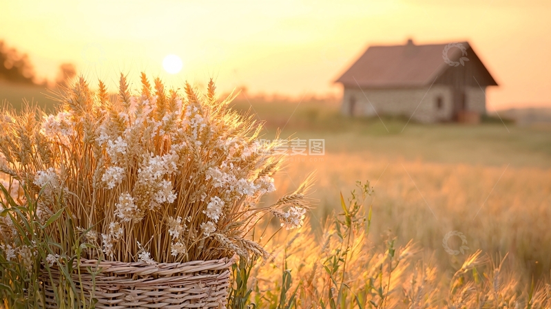 高清大图下载【趣麦麦图】金黄麦田里的日落小屋
