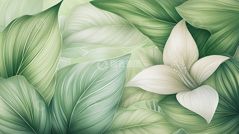 高清大图下载【趣麦麦图】浅绿色叶片与白色花朵的图案