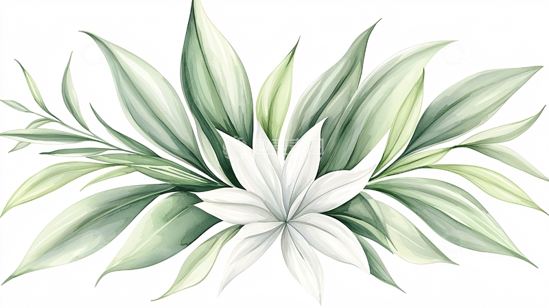 高清大图下载【趣麦麦图】白色花朵绿叶植物水彩