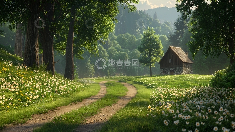高清大图下载【趣麦麦图】林中小屋旁的绿地小径