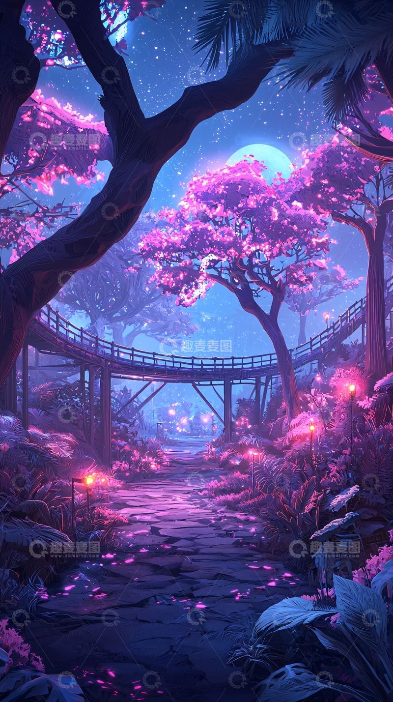 高清大图下载【趣麦麦图】梦幻紫粉色森林夜景