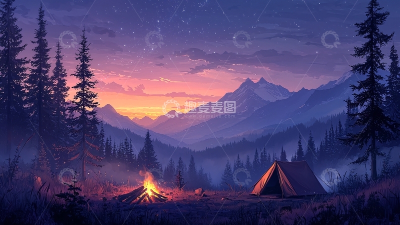 高清大图下载【趣麦麦图】森林中的篝火营地夜晚