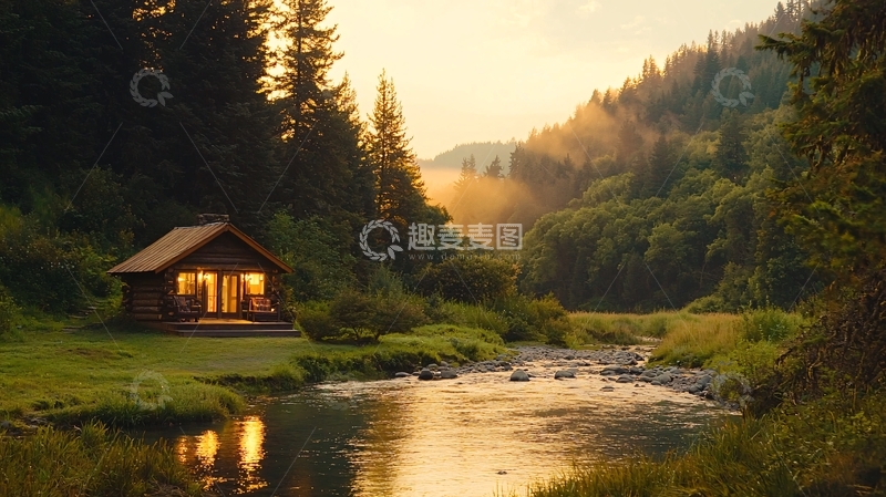 高清大图下载【趣麦麦图】森林小屋溪流黄昏美景