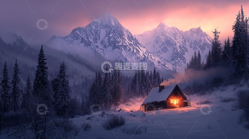 高清大图下载【趣麦麦图】雪山小屋的夜晚