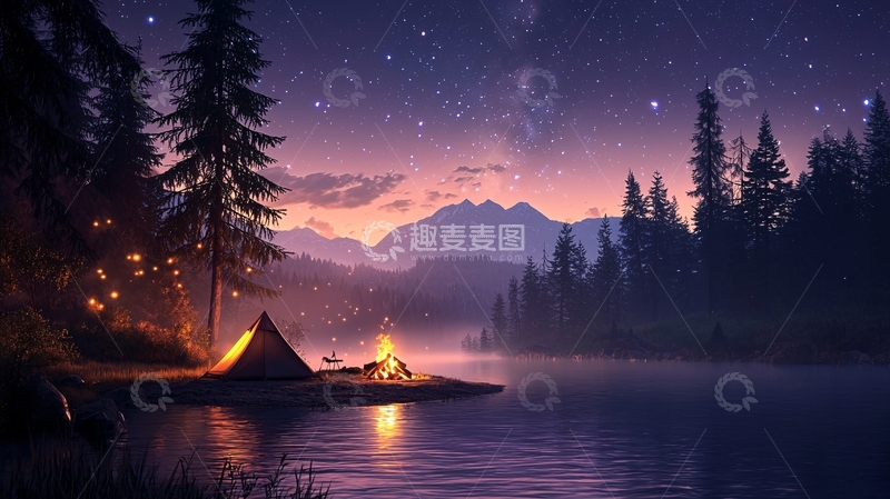 高清大图下载【趣麦麦图】星空下湖畔露营的唯美场景