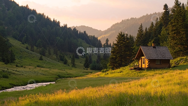 高清大图下载【趣麦麦图】森林小屋的宁静黄昏