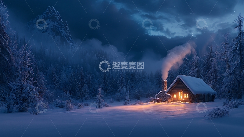高清大图下载【趣麦麦图】雪夜森林中温暖的小屋