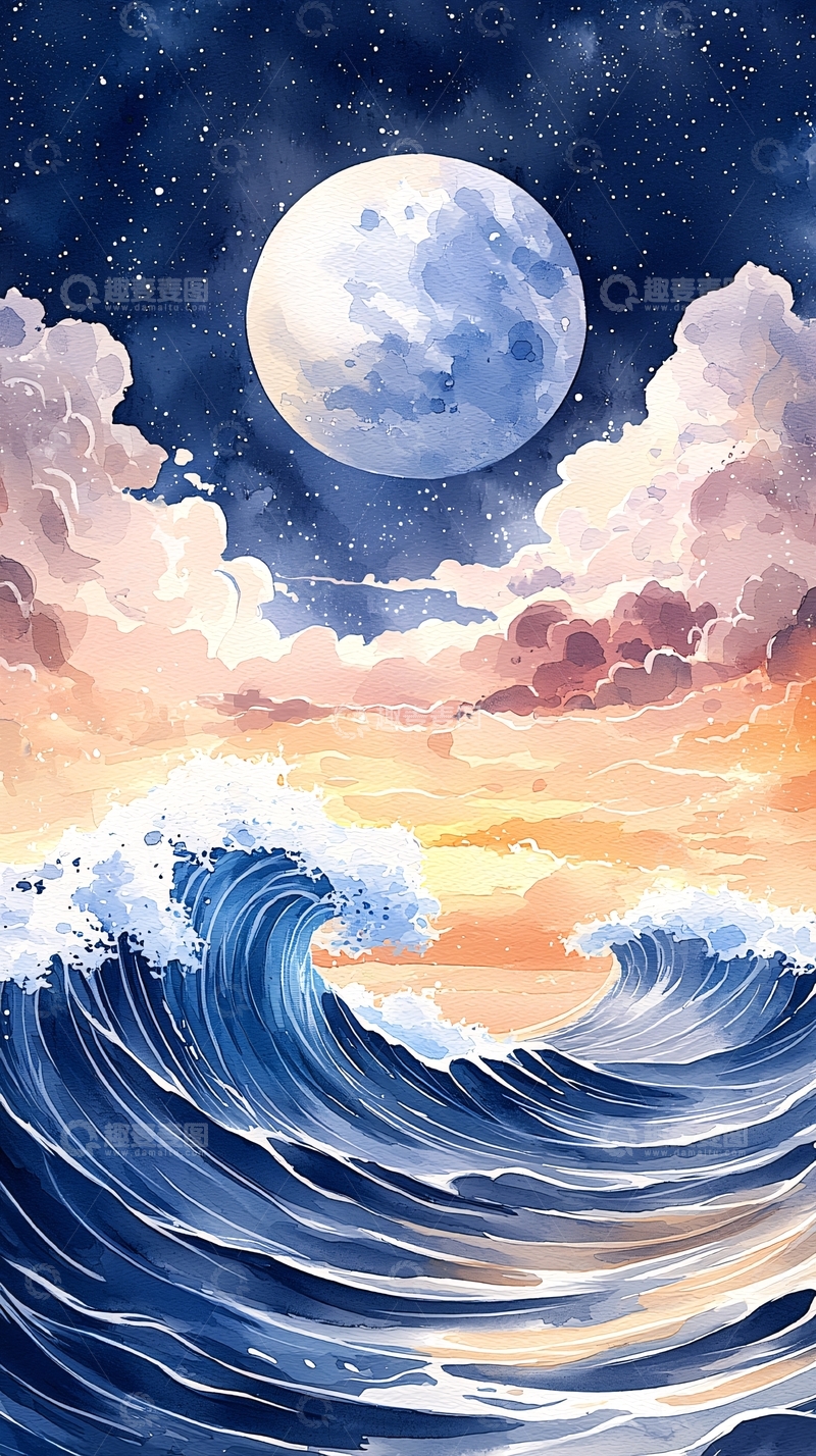 高清大图下载【趣麦麦图】月夜海浪水彩风唯美插画