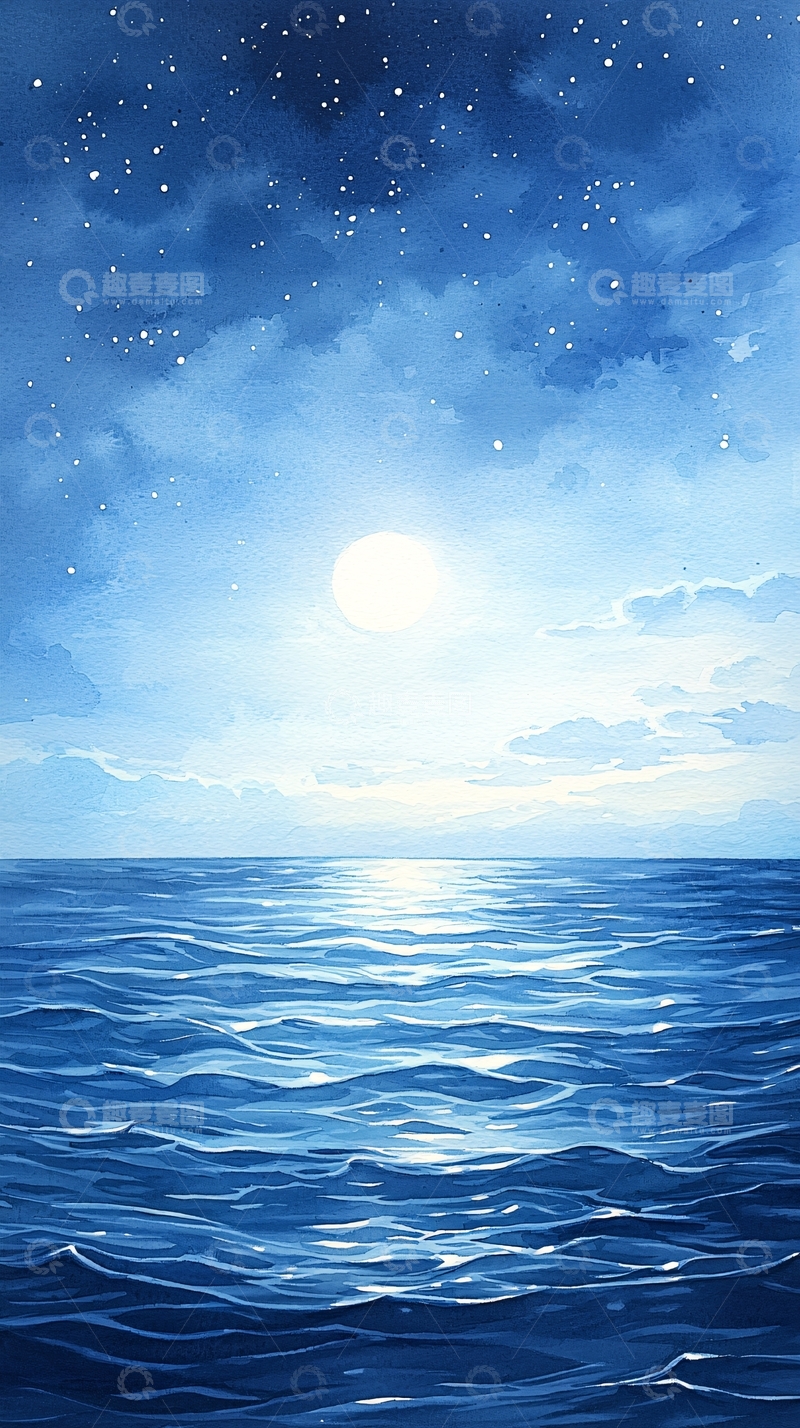 高清大图下载【趣麦麦图】月光下的蓝色海洋夜景