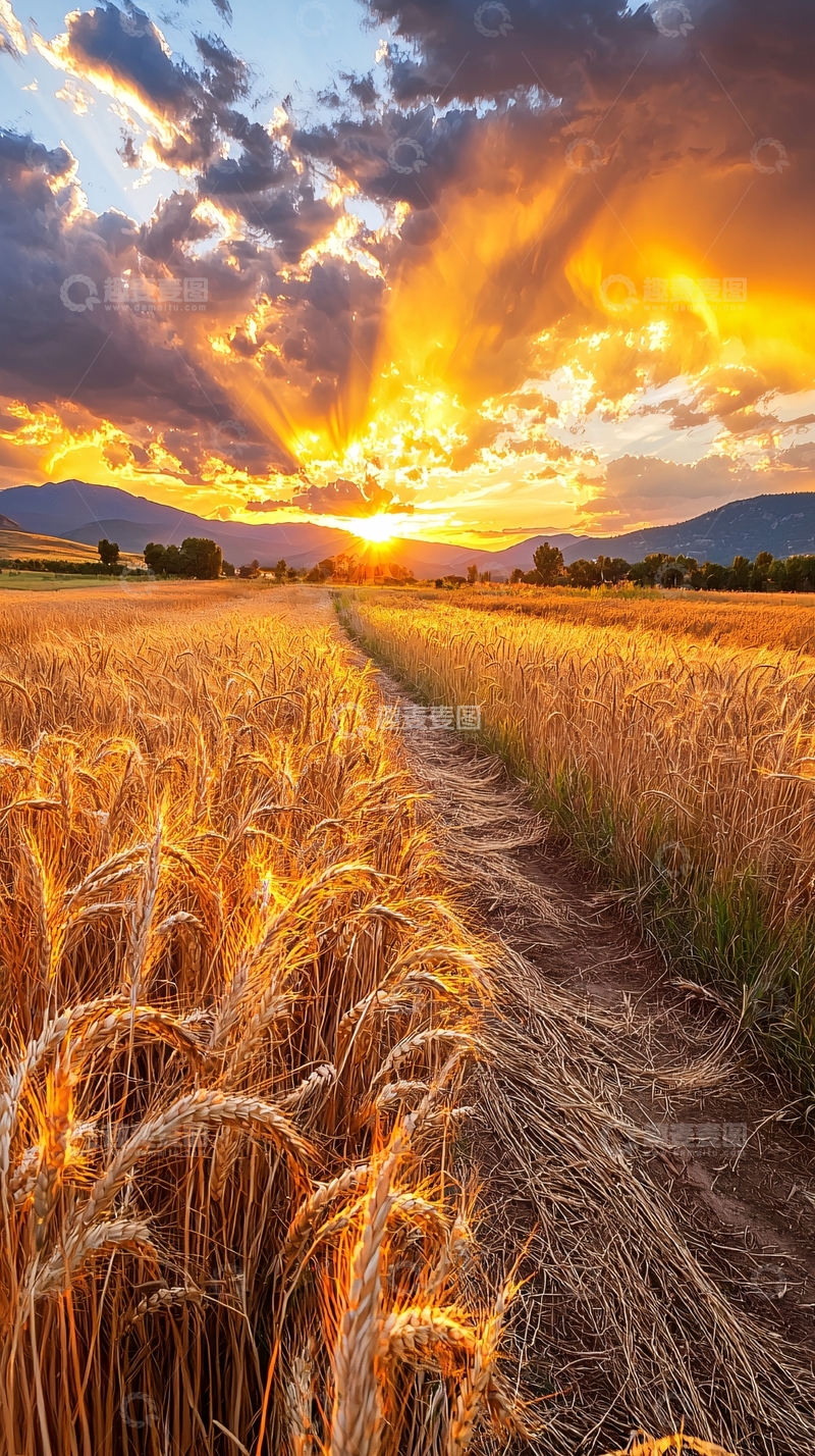 高清大图下载【趣麦麦图】金色的麦田日落美景