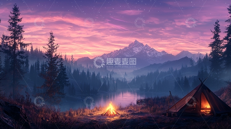 高清大图下载【趣麦麦图】山间露营地的傍晚