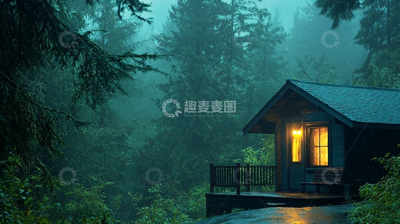 高清大图下载【趣麦麦图】森林小屋夜景