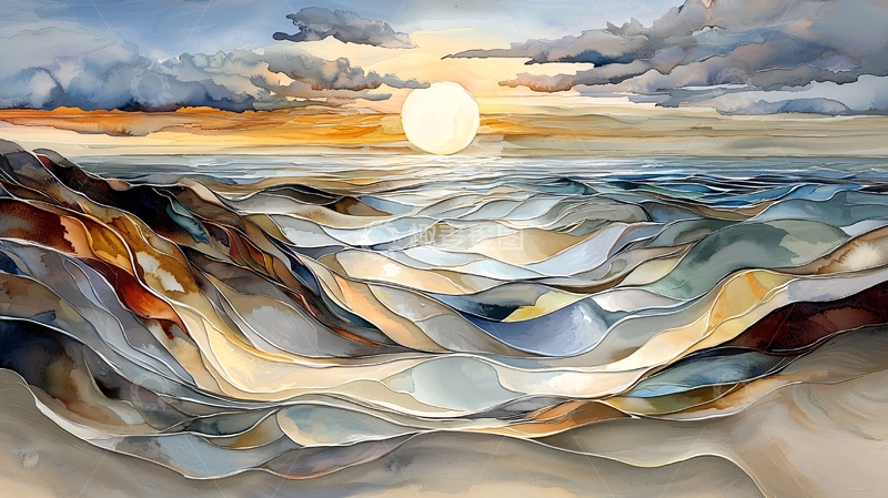 高清大图下载【趣麦麦图】海边日出抽象油画