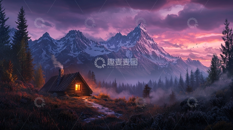 高清大图下载【趣麦麦图】夜晚山中小屋的景色