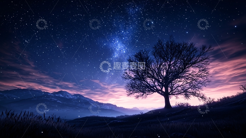 高清大图下载【趣麦麦图】星空下孤独的树
