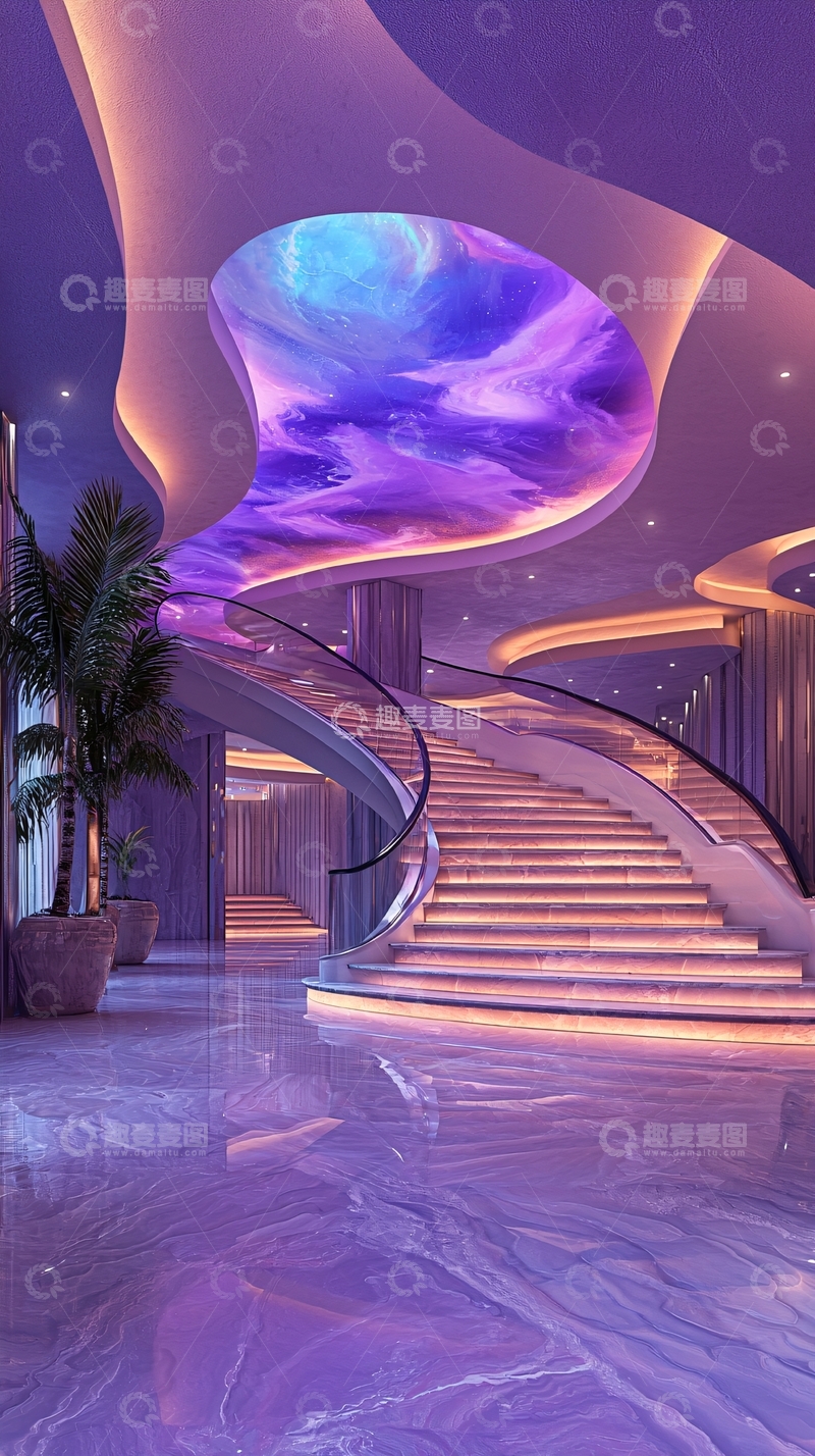 高清大图下载【趣麦麦图】紫色星空天花板楼梯