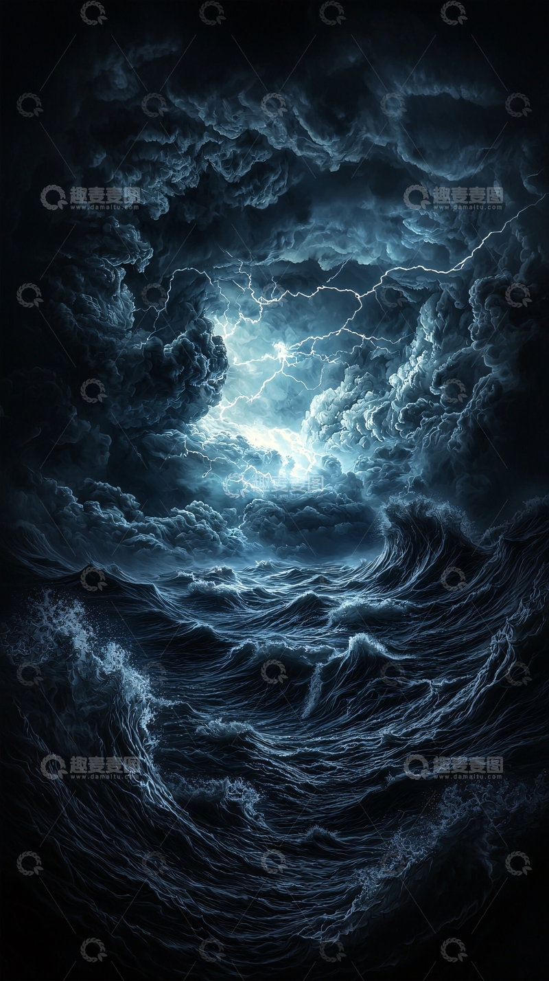 高清大图下载【趣麦麦图】黑暗天空下的波涛汹涌海面