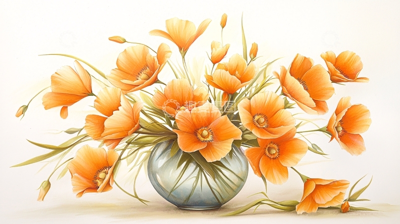 高清大图下载【趣麦麦图】橙色花束摆放在透明花瓶里