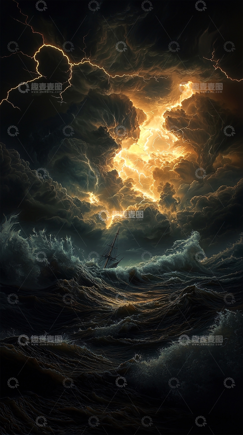 高清大图下载【趣麦麦图】暴风雨海面雷电交加