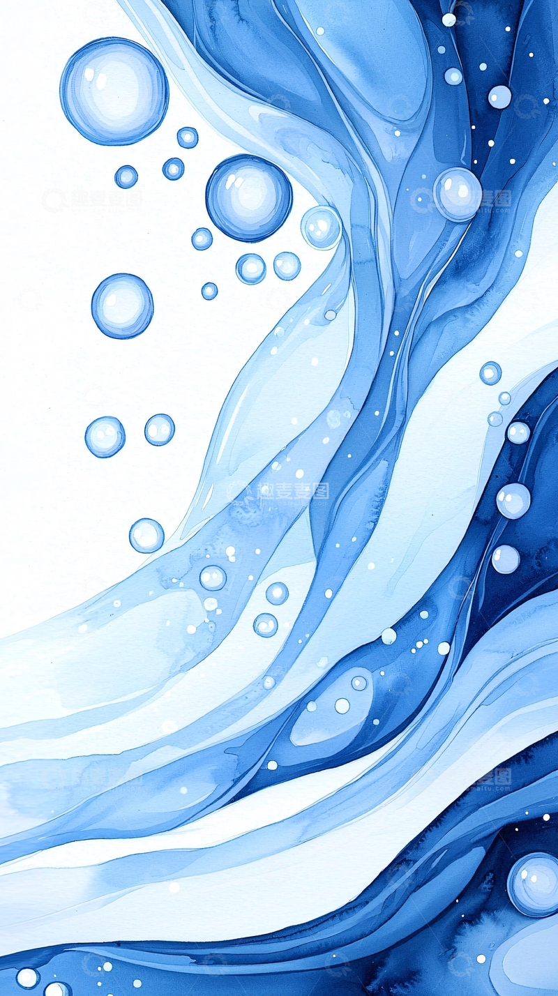 高清大图下载【趣麦麦图】蓝色水彩风格的流体气泡