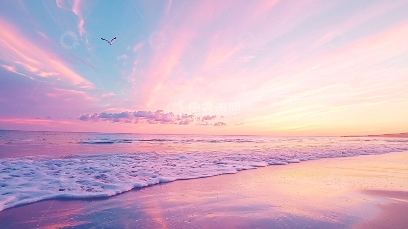 高清大图下载【趣麦麦图】粉色天空下的海滩