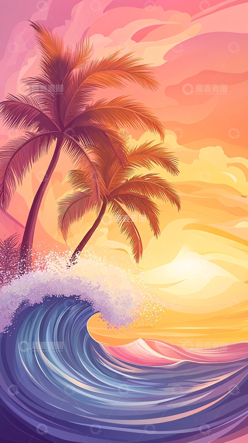 高清大图下载【趣麦麦图】唯美海边日落椰树浪花