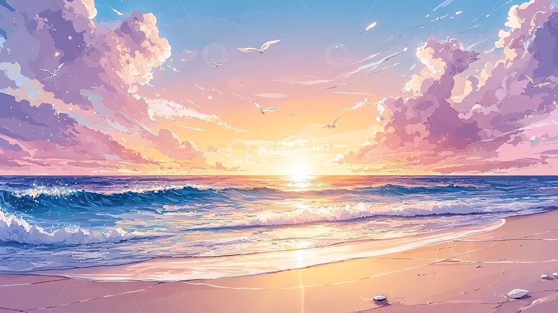 高清大图下载【趣麦麦图】绚丽日落海景动漫风
