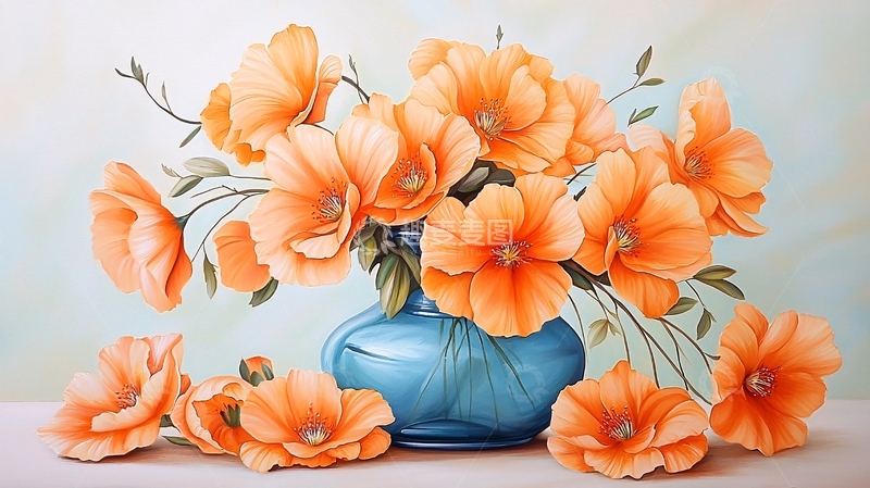 高清大图下载【趣麦麦图】橙色花朵蓝色花瓶
