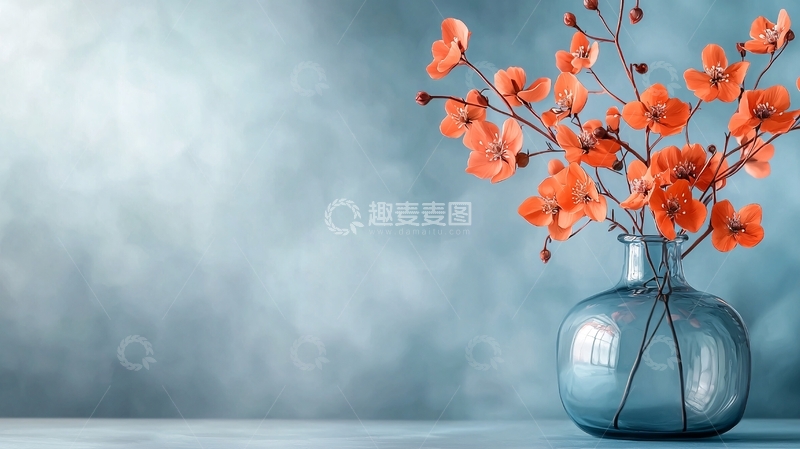 高清大图下载【趣麦麦图】橙色花朵在蓝色花瓶中