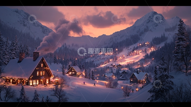 高清大图下载【趣麦麦图】冬季夜晚的雪山村庄