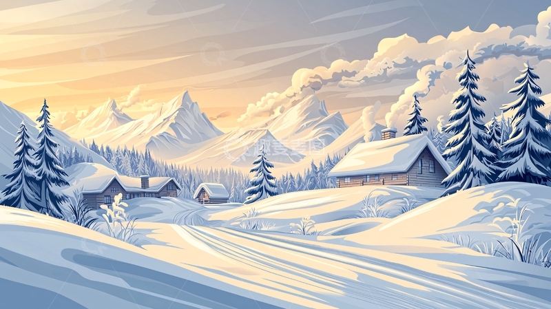 高清大图下载【趣麦麦图】冬日雪景下的村庄