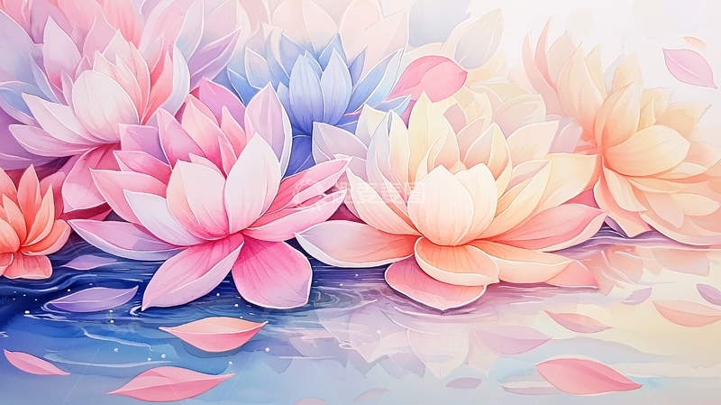 高清大图下载【趣麦麦图】粉色莲花水彩绘画风格