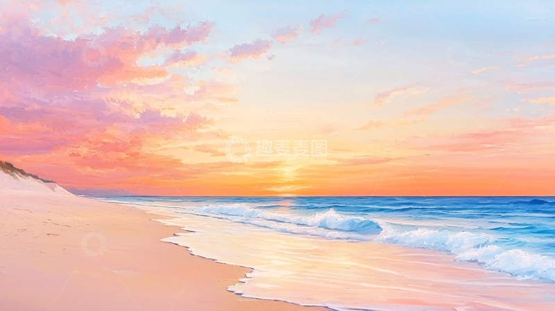高清大图下载【趣麦麦图】唯美海滩日落粉色天空