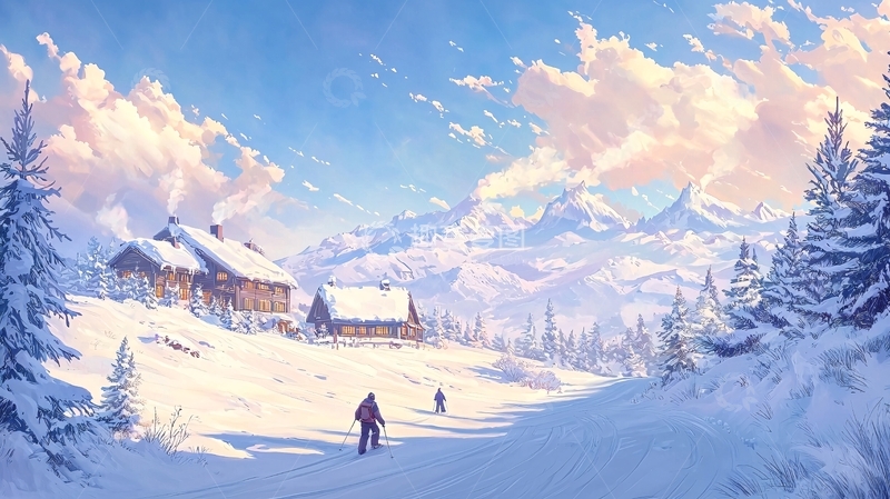 高清大图下载【趣麦麦图】雪山小屋人物阳光唯美画风
