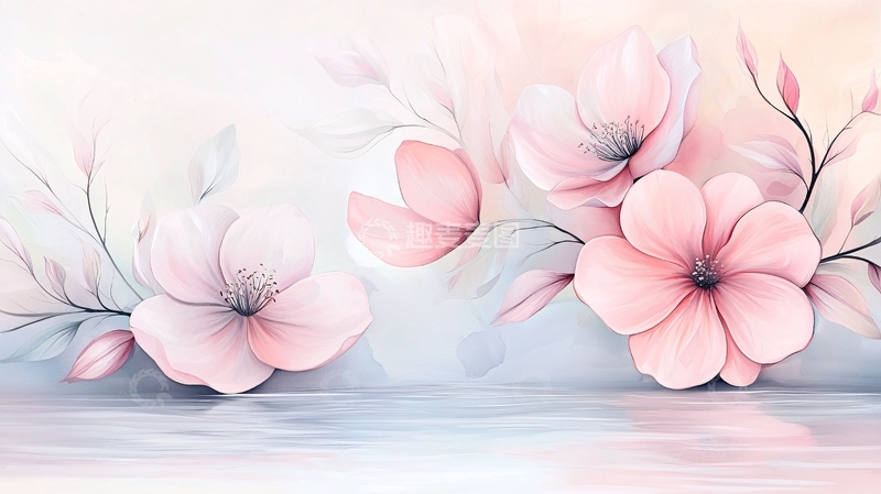 高清大图下载【趣麦麦图】粉色花朵水面倒影