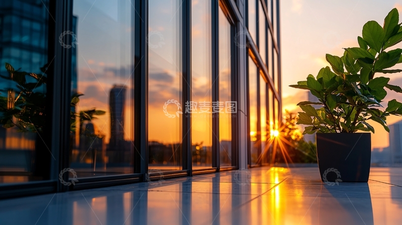 高清大图下载【趣麦麦图】现代建筑玻璃幕墙日落
