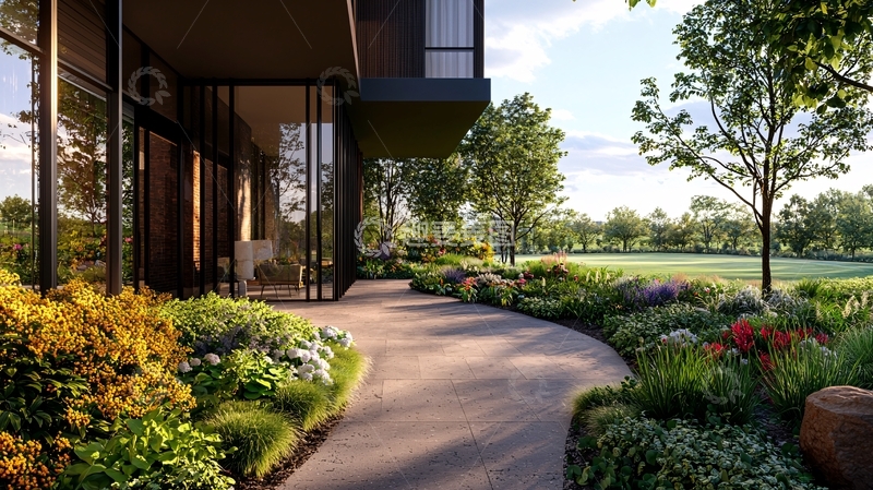 高清大图下载【趣麦麦图】花园小径旁的现代建筑