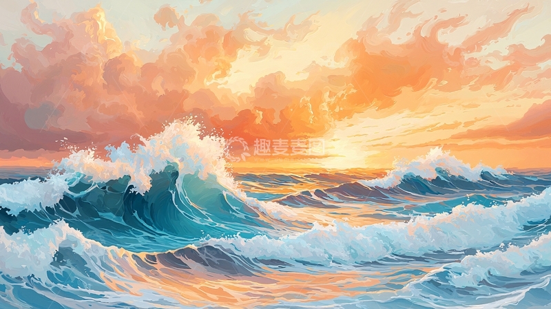 高清大图下载【趣麦麦图】波涛汹涌的日落海景